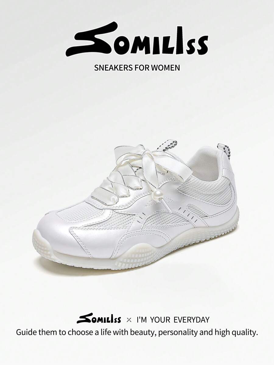 somiliss Sporty Slip-Resistant Women's Athletic Shoes, Front Tied Genuine Leather Mesh Breathable Comfortable Faux Pearl White Soft Lightweight Tennis Running Shoes, 2024 Summer Low Vamp Versatile Flat Outdoor Walking Shoes