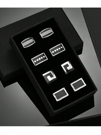 4 Pairs Black Enamel French Cufflinks With Gift Box, Fashion Decorative Square, Round, Elliptical Cufflinks For Men, Daily Wear Jewelry Accessories