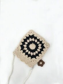 1pc Handmade Crochet Coin Purse, DIY Phone Pouch, Striped Floral Phone Bag, Beach Bag, Ideal For Summer, Vacation And Daily Use, Essential For Travel - Black and White - View 3