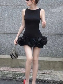 女款優雅無袖迷你洋裝，夏季新款休閒通勤日常穿著，黑色 - 黑色 - 查看 4