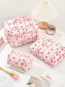 1pc Pink Heart-Shaped Bow Quilted Makeup Bag. Valentine's Day, Love/Lover, Heart, XoX0/Kiss Teddy Bear Travel Cosmetic Bag, Multi-Function Cosmetic Bag Bathroom Wash Bag, Jewelry Storage Bag, Perfume Skin Care Storage Bag, Brush Bag, Sanitary Napkin Bag, Headset Bag, Coin Purse, Glasses Bag, Suitable For Family, Travel, School And Work. Suitable For Women And Students. Holiday Gift, Birthday Gift, Christmas Gift, Mom's Gift, Commemorative Love - Baby Pink - View 1