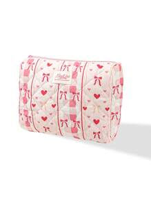 1pc Pink Heart-Shaped Bow Quilted Makeup Bag. Valentine's Day, Love/Lover, Heart, XoX0/Kiss Teddy Bear Travel Cosmetic Bag, Multi-Function Cosmetic Bag Bathroom Wash Bag, Jewelry Storage Bag, Perfume Skin Care Storage Bag, Brush Bag, Sanitary Napkin Bag, Headset Bag, Coin Purse, Glasses Bag, Suitable For Family, Travel, School And Work. Suitable For Women And Students. Holiday Gift, Birthday Gift, Christmas Gift, Mom's Gift, Commemorative Love - Baby Pink - View 13