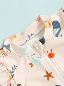 Toddler Girls Rash Guard Swimsuit Playsuits Short Sleeve Mermaid/Shell Print Kids Bathing Suit With Swim Cap - Apricot - View 6