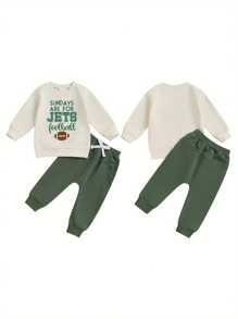 Toddler Boy Fall Clothes Letter Print Long Sleeve Sweatshirt With Solid Color Pants 2Pcs Outfits - Apricot - View 2