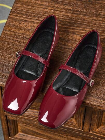 Women's Fashion Square Toe Low Vamp Black Shoes, Versatile Office Casual Outdoor Flat Shoes With High-End Aesthetic, Mary Jane Ballet Flats For Party And Wedding, Red