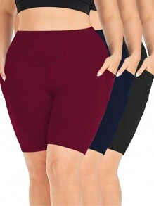 3 Pack Plus Size Biker Shorts Leggings For Women Running Gym Tennis Leggings With Pockets Black  Burgundy &  Navy Blue Color Set  Yoga Shorts Summer - Đen + hải quân + đỏ tía - Xem 1