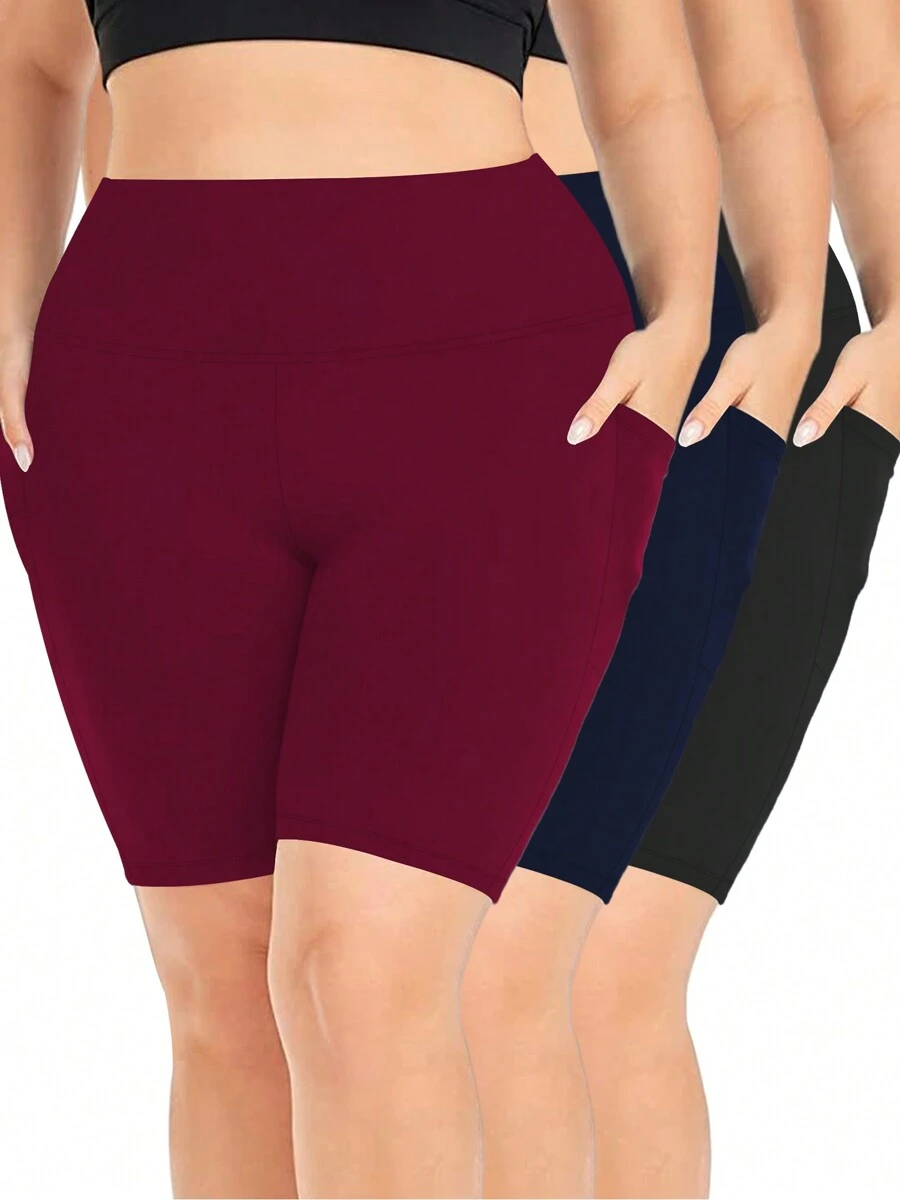 3 Pack Plus Size Biker Shorts Leggings For Women Running Gym Tennis Leggings With Pockets Black Burgundy & Navy Blue Color Set Yoga Shorts Summer - Đen + hải quân + đỏ tía - Xem 1
