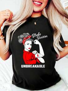 Stroke Survivor Unbreakable T-Shirt Stroke Awareness Gift Print Crew Neck T-Shirt For Summer, Women's Soft Short Sleeve Top, Stylish Comfy Tee For Womens Graphic Tees