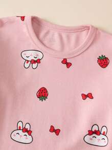 Girls Strawberry Bunny Print Pajama Set, Spring Autumn Home Wear For Young Girl - Pink - View 3