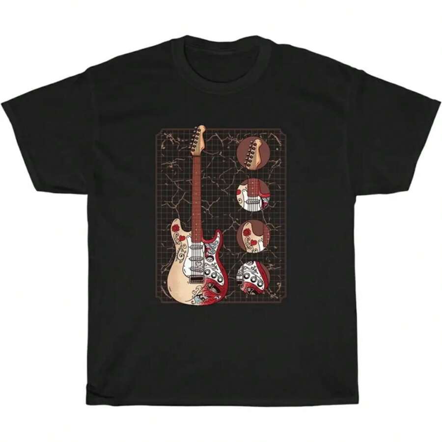 Graphic Tee Shirts With Monterey Stratocaster Guitar Illustration - 黑色 - 查看 1
