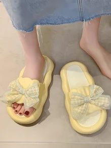 Sandal Selop Motif Bunga dan Pita untuk Wanita, Platform, Serbaguna, Anti Selip untuk Dalam dan Luar Ruangan, Koleksi Terbaru Musim Semi & Musim Panas - Kuning - View 3