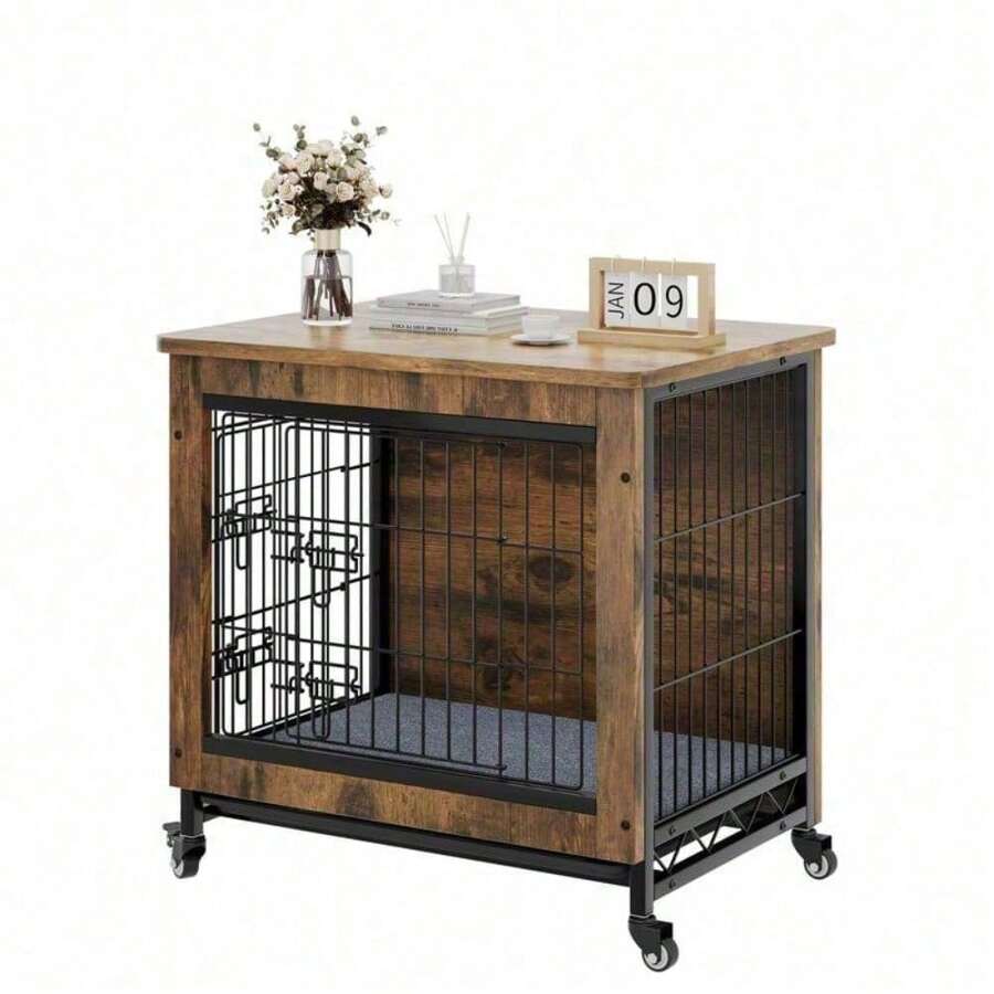 YITAHOME Dog Crate Furniture With Cushion, Dog Kennel Indoor With Wheels, Dog Crate End Table With Tray, 27" Dog Cage With Double Doors For Small Dog - màu nâu - Xem 1