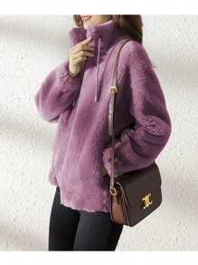 Abrigo de invierno de peluche con cordón para mujer,Chaqueta de abrigo informal con cremallera,chamarras de mujer - Morado - Ver 2