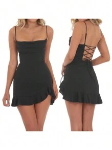 Women's Sleeveless Ruffle Mini Dress - Spaghetti Strap, Cross Back, Square Neck Bodycon Design. Perfect For Clubwear, Parties, Or Night Out - 黑色 - 查看 3