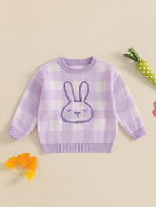 Toddler Bunny Pattern Sweaters Checkered Easter Long Sleeve Round Neck Ribbed Knit Jumper Tops - Purple - View 1
