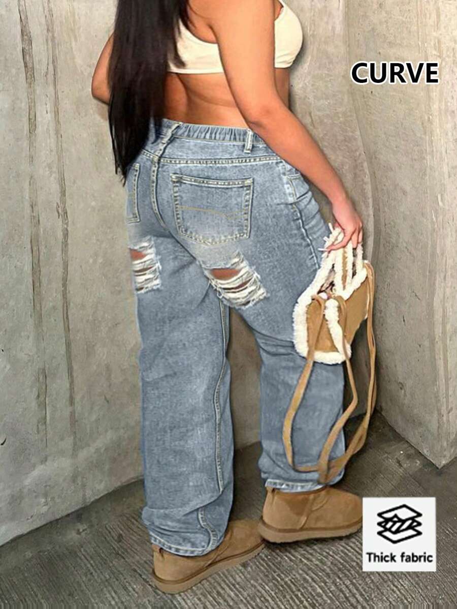 European And American Street Fashion New Hot Selling Hot Girls Daily Loose Casual Waist Elastic Washable Plus Size Women's Ripped Jeans - 淺色水洗藍 - 查看 1