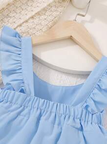 2pcs Young Girls' Solid Color Vacation Ruffled Strap Cake Dress, Summer 2025 - Blue - View 4
