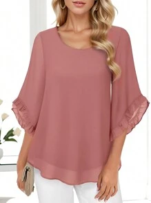 SANOPY Womens Blouses,Blouses For Women Dressy Casual,Women's Double Layer Mesh Shirt Pleated Three-Quarter Bell Sleeve Belted Casual Spring & Summer Shirt Top - Pink - View 3