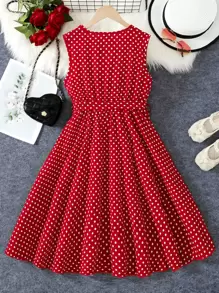 Vestido midi casual para meninas adolescentes com estampa de bolinhas e decoração de flores 3D, sem mangas, cintura com cinto, estilo elegante e vintage para uso casual diário, primavera/verão - Vermelho - Ver 3