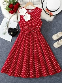 Vestido midi casual para meninas adolescentes com estampa de bolinhas e decoração de flores 3D, sem mangas, cintura com cinto, estilo elegante e vintage para uso casual diário, primavera/verão - Vermelho - Ver 2