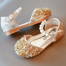 1Pair Girls Leather Shoes Fashion Sequins Bead Non-Slip Kids Princess Shoes Flat Heels Sandals Girl Part Shoes Summer For Valentine's Day