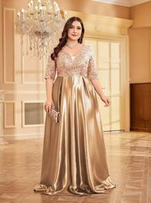 hezixi Vestido de cóctel, para invitadas de boda o de graduación, elegante y lujoso, de talla grande, con cuello en V, manga corta, de satén con lentejuelas y diseño acampanado, para madre de la novia