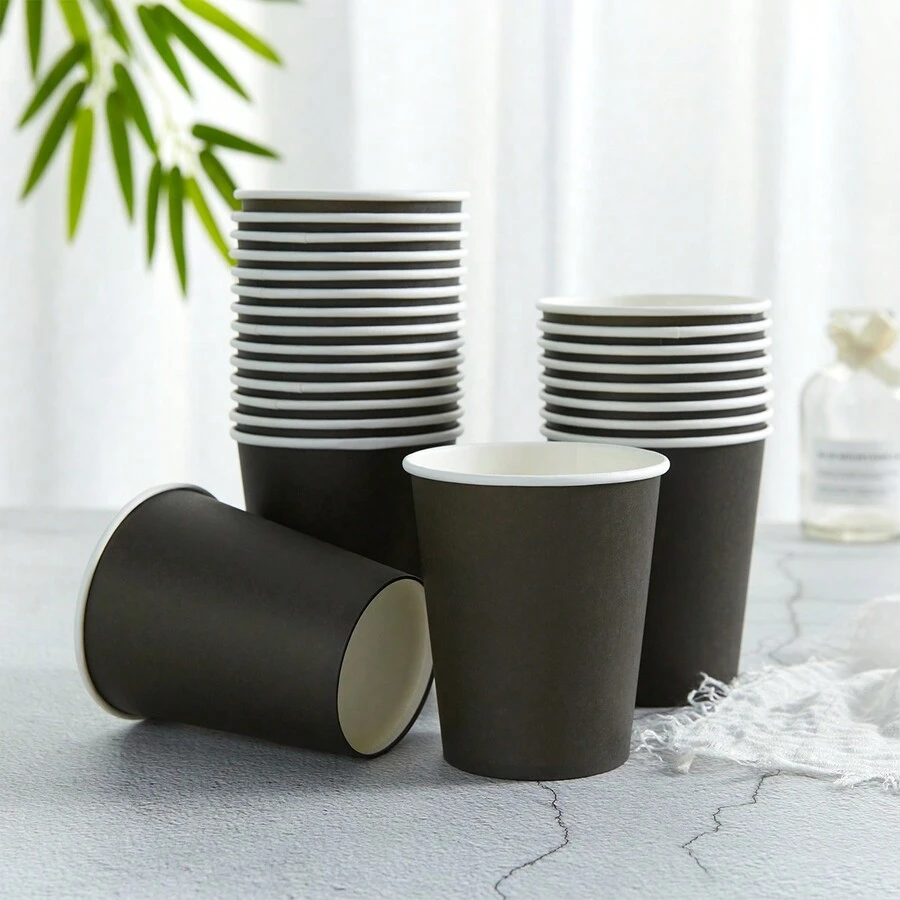 9oz Disposable Party Paper Cups, Multicolored Paper Drinking Cups, Suitable For Water, Juice, Coffee Or Tea, Suitable For Wedding, Party, Picnic, BBQ, Travel And Event - Black - View 1