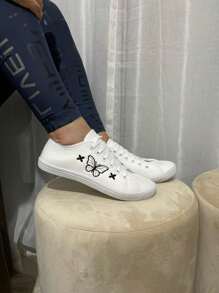 Women's Casual Modern Plain Butterfly Comfortable Sneakers - White Black - View 2
