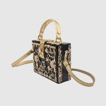 Elegant Women's Evening Clutch With Rhinestones - Acrylic Square Box Bag With Detachable Strap, Floral Design In Black/White - 白色 - 查看 2