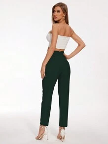 TRAFZA Women's Slim Fit Solid Color Pleated Stretch Straight Leg Pants, Suitable For Casual And Formal Wear - Dark Green - View 7