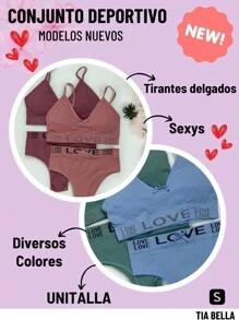 Sexy Sports Set With Top And Panties In Microfiber Fabric, Beautiful Love Letter Design And Bow Appliqué In The Center, Various Colors, Fresh And Comfortable, Premium Quality. - 珊瑚粉 - 查看 4