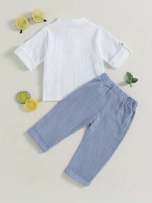 Toddler Boys Cotton Linen Outfits Buttons Short Sleeve Shirts And Elastic Waist Long Pants 2Pcs Clothes Set - Blue - View 3