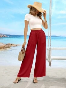 Solid Color Drawstring Waist Slant Pocket Casual Straight Leg Pants - Red - View 4