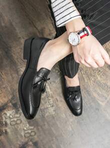 2025 年春季时尚男士韩版休闲一脚蹬乐福鞋，适合商务、正装或休闲装，尖头皮鞋，夜店时尚 - 黑色 - 查看 6