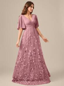 UNITHORSE V-Neck Lace Sleeve Chest Pleated Leaf & Mesh Applique Formal Party Dress Elegant Prom Evening Wedding Guest Gown, For Graduation, Dinner, Bride Dress, Birthday Women Outfits, Graduation Dress - 中紫紅色 - 查看 6