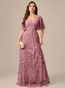 UNITHORSE V-Neck Lace Sleeve Chest Pleated Leaf & Mesh Applique Formal Party Dress Elegant Prom Evening Wedding Guest Gown, For Graduation, Dinner, Bride Dress, Birthday Women Outfits, Graduation Dress - 中紫紅色 - 查看 4