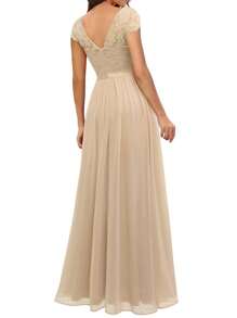 Women's Long Evening Dress, Solid Color Lace Patchwork Backless V Neck Elegant Dress, Simple One-Piece Clothes - 香檳色 - 查看 6