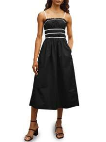 Women's Light And Flowing Spaghetti Strap Midi Dress Sleeveless Tie Strap Contrast Color Smocked Ruffle Dress - 黑色 - 查看 5