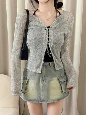 韩版系带透视针织长袖上衣