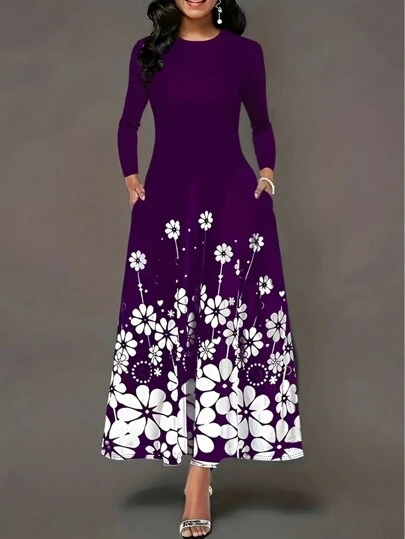 New Autumn European And American Fashion Long Sleeve Printed Dress, Women Elegant Long Dress
