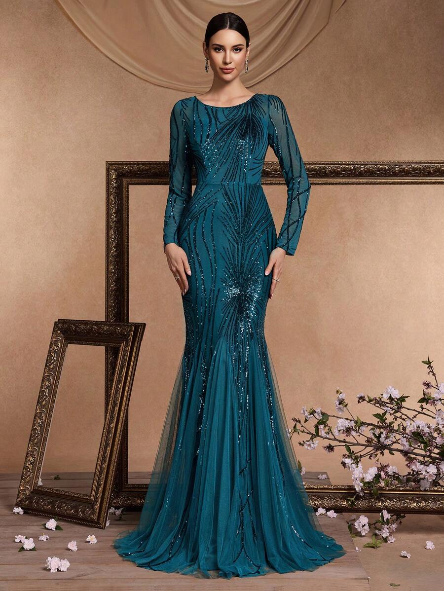 XUIBOL Sequin Mesh Mermaid Hem Evening Gown