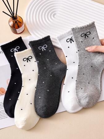 4 Pairs Of Women's Ankle Socks With Polka Dot And Bows, Black Socks,White Socks,Grey Socks,Suitable For Any Season