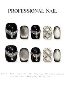 10pcs Black Glitter Cat Eye Rhinestone Pearl Diamond Handmade Acrylic Press On Nails Short Coffin Fake Nails, Simple French Nail Tips, DIY Nail Art Supplies, Reusable, Jelly Glue And Nail File
