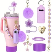 8 件兼容 杯配件，硅胶运动水壶配件套装适用于带手柄的 40 盎司 30 盎司玻璃杯 - 包括水壶手柄带、支架、保护套、钥匙扣饰物、吸管盖 - 紫色 - 查看 11