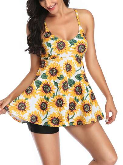 2Pcs Women Swimwear, Leaf/Flower Print Scoop Neck Padded Tank Tops + Swim Shorts Swimsuit