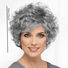 Krótkie szare kręcone warstwowe peruki, odpowiednie dla kobiet, ciemnoszare krótkie puszyste syntetyczne peruki, z grzywką, odpowiednie na codzienne imprezy Halloween - Szary - Zobacz 2