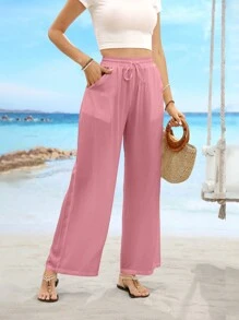 Drawstring Waist Plain Color Slant Pocket Minimalist Straight Casual Pants - Pink - View 4