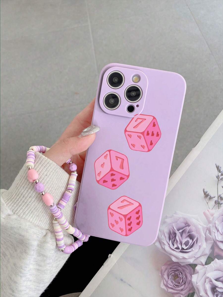 1 个紫色 TPU 心形和骰子图案防震手机壳 + 1 个紫色和粉色心形软绳腕带，兼容 Iphone/Android///OPPO 手机 - 彩色 - 查看 1