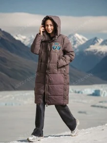 Outdoor Freestyle Sport Skibril Portretpatroon Letter Slogan Print Hoodie, Ritssluiting Voorkant Casual Katoenen Gewatteerde Jas Voor Dames, Dik En Warm, Streetwear & Preppy Stijl, Geschikt Voor Koud Weer