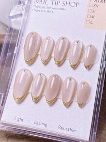 10pcs/Set Handmade Almond-Shaped Natural Amethyst Cat Eye Nail Stickers With White Rhinestones & Gold Tip Design, Elegant & Stylish Press-On Nails